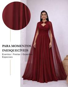 Women's Long Party Dress With Slit, Cape Sleeves, Gathered Bust And Brooch, Solid Color, Elegant, For New Year's Eve, Wedding, Bridesmaid, Graduation. - 紅木色 - 查看 7
