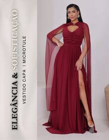 Women's Long Party Dress With Slit, Cape Sleeves, Gathered Bust And Brooch, Solid Color, Elegant, For New Year's Eve, Wedding, Bridesmaid, Graduation. - 紅木色 - 查看 2