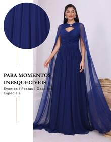 Women's Long Party Dress With Slit, Cape Sleeves, Gathered Bust And Brooch, Solid Color, Elegant, For New Year's Eve, Wedding, Bridesmaid, Graduation. - 藏蓝色 - 查看 7