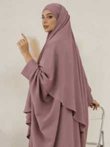 两件套穆斯林女性祈祷服套装，长袖宽松长袍，祈祷头巾，适合节日穿着 - 彩色 - 查看 9