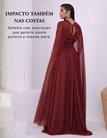Women's Long Party Dress With Slit, Cape Sleeves, Gathered Bust And Brooch, Solid Color, Elegant, For New Year's Eve, Wedding, Bridesmaid, Graduation. - 紅木色 - 查看 6
