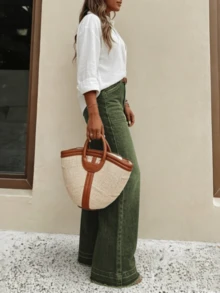 New Women's High-Quality Fashion Casual Loose Fit Denim Wide Leg Pants, Comfortable Fit, Suitable For All Seasons, Daily Stylish Outfit Spring - Army Green - View 5