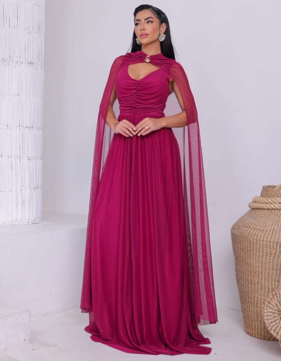 Women's Long Party Dress With Slit, Cape Sleeves, Gathered Bust And Brooch, Solid Color, Elegant, For New Year's Eve, Wedding, Bridesmaid, Graduation. - 玫瑰紅 - 查看 1