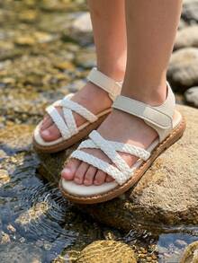 Kids Girls White Braided Crisscross Open Toe Sandals, Hook-And-Loop Ankle Strap Casual Shoes, Non-Slip Wear-Resistant Sole, Comfortable Padded Insole - White - View 2