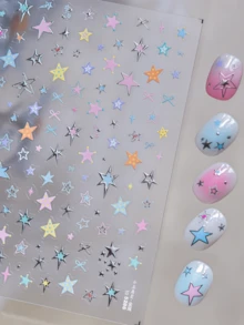 1片5D星星美甲贴纸，白色、粉色、蓝色、激光银、金色星星美甲贴纸，不对称星星美甲贴纸，自粘美甲用品及装饰品，女士适用 - 彩色 - 查看 4