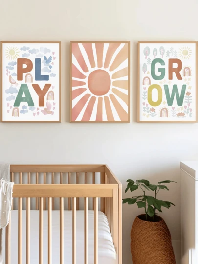Bộ 3 tranh canvas treo tường phòng bé, tranh treo tường phòng chơi, màu cam, xanh dương và xanh lá cây theo phong cách màu nước, trang trí phòng trẻ em, lý tưởng cho trẻ chơi, phát triển và học tập, tranh theo phong cách Montessori, trang trí phòng bé, phòng chơi, trang trí phòng trẻ sơ sinh, trang trí trường mầm non.