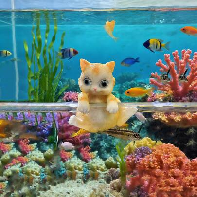 悬挂式橙色猫雕像水族箱装饰防水鱼缸配件 - 动物专用 真正的漂浮猫雕像和水族箱装饰，由爱好者设计 特别的鱼缸装饰