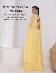 Women's Long Party Dress With Slit, Cape Sleeves, Gathered Bust And Brooch, Solid Color, Elegant, For New Year's Eve, Wedding, Bridesmaid, Graduation. - 黃色 - 查看 6