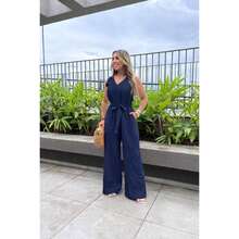 Women's Roman Jumpsuit, Wide Leg, Tie Detail, Elegant, Chic, Simple - 藏蓝色 - 查看 4