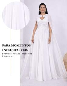 Women's Long Party Dress With Slit, Cape Sleeves, Gathered Bust And Brooch, Solid Color, Elegant, For New Year's Eve, Wedding, Bridesmaid, Graduation. - 白色 - 查看 7