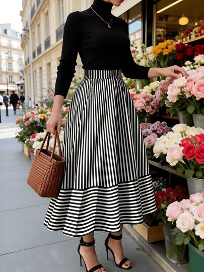 Striped Midi Skirt Black And White Vertical Stripes Elegant Women Fashion Street Style Outfit For Spring And Summer