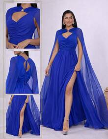 Women's Long Party Dress With Slit, Cape Sleeves, Gathered Bust And Brooch, Solid Color, Elegant, For New Year's Eve, Wedding, Bridesmaid, Graduation. - 藍色 - 查看 5