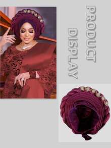 1pc Royal Blue Satin Braided Gele Turban For Women, Rhinestone Embellished African Headwrap For Wedding & Party Occasions - A - 查看 1