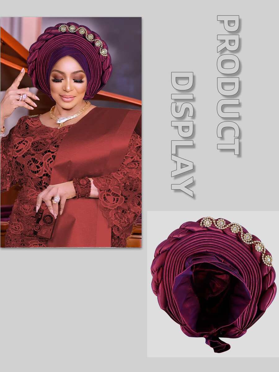 1pc Royal Blue Satin Braided Gele Turban For Women, Rhinestone Embellished African Headwrap For Wedding & Party Occasions - A - 查看 1