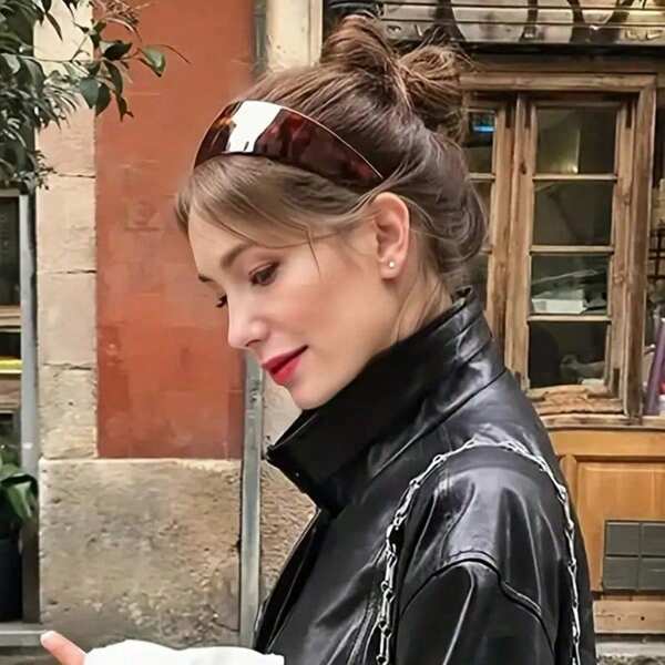 1pc French Classic Fashion Wide Acetate Amber Leopard Print Headband, Non-Slip Serrated Design, Matte Finish, Thick & Non-Stick For Women
