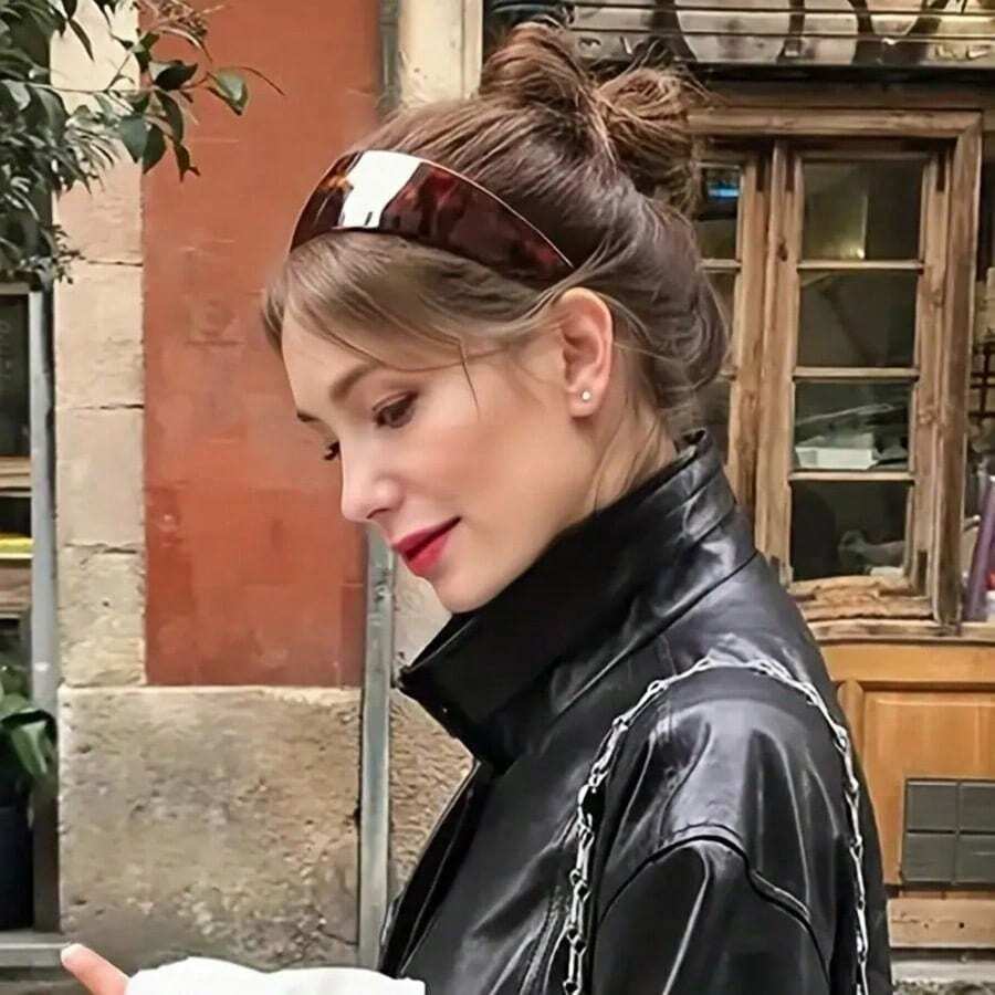 1pc French Classic Fashion Wide Acetate Amber Leopard Print Headband, Non-Slip Serrated Design, Matte Finish, Thick & Non-Stick For Women - Multicolor - View 1