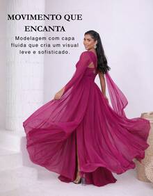 Women's Long Party Dress With Slit, Cape Sleeves, Gathered Bust And Brooch, Solid Color, Elegant, For New Year's Eve, Wedding, Bridesmaid, Graduation. - 玫瑰紅 - 查看 3