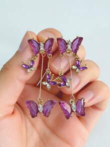 一对优雅紫色蝴蝶长流苏耳环，百搭日常佩戴 - 葡萄紫 - 查看 3