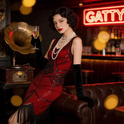 一件 1920 年代复古亮片连衣裙，盖茨比主题爵士女郎礼服，适合派对和庆典，饰有珠饰