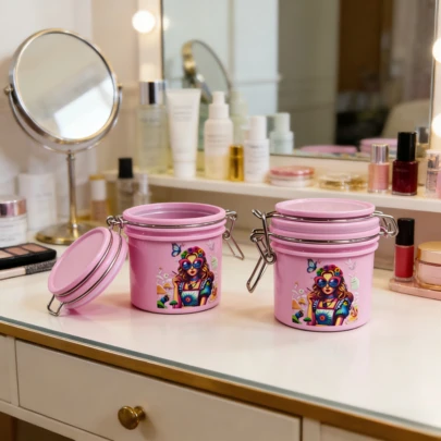 1pc Pink Printed Tobacco Humidor With Leak-Proof Sealed Hinge Lid, Storage Container - For Airtight Preservation, Keeping Herbs Fresh, Sealed Cartoon Canister, Herb Storage, Moisture-Proof, Waterproof, Personalized Sealed Jar, Portable