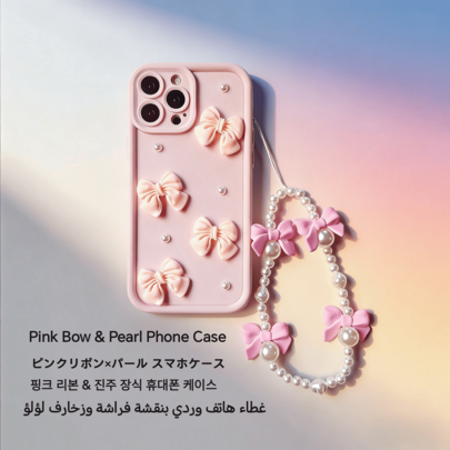 Custodia per telefono con fiocco rosa 3D e perline, con catena da polso, cover protettiva anti-caduta per iPhone, estetica da ragazza