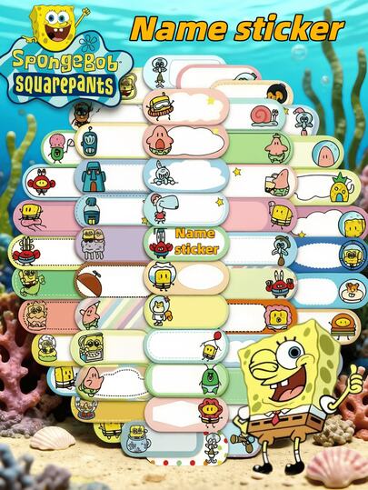 SpongeBob SquarePants 60 miếng dán tên đa năng, có hình các nhân vật Squidward, Sandy, Plankton, Mr. Krabs, họa tiết dễ thương dùng để trang trí thiệp, băng dính Washi, đồ thủ công, gói quà, điện thoại, cốc, hành lý, sổ tay, trang trí ngẫu nhiên, chủ đề sinh nhật và các dự án DIY, màu sắc nhẹ nhàng được chọn ngẫu nhiên.
