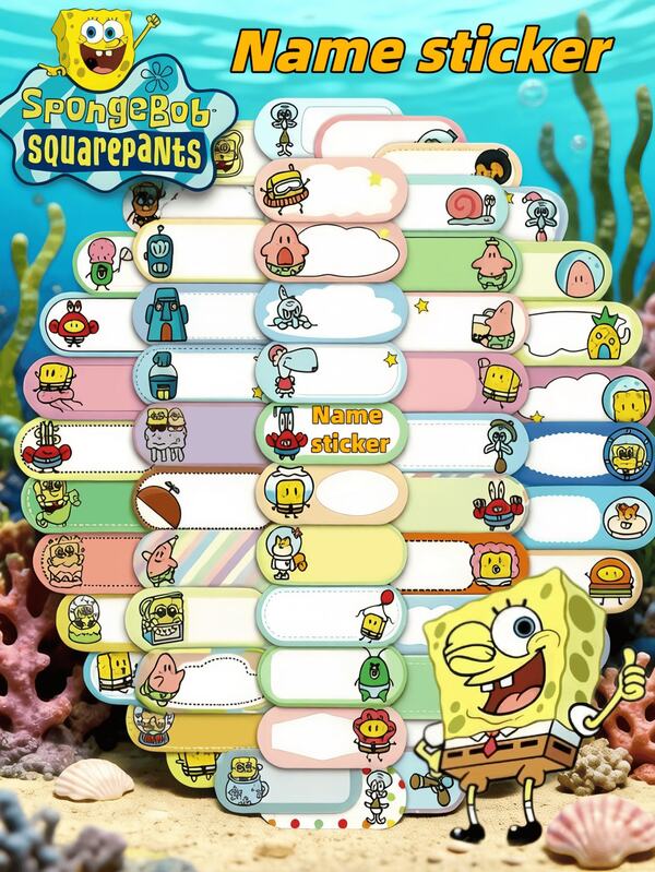 SpongeBob SquarePants 60pcs Multi-Functional Name Stickers, Featuring , Squidward, Sandy, Plankton, Mr. Krabs Characters, Cute Patterns For Decorating Cards, Washi Tapes, Crafts, Gift Wrapping, Phones, Cups, Luggage, Notebooks, Random Decoration, Birthday Themes And DIY Projects, Soft Colors Randomly