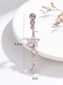 1件植物双钻花朵肚脐环，肚脐穿孔 - 銀粉色2 - 查看 2