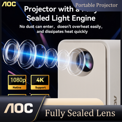 Proyector AOC con diseño de lente totalmente sellada, brillo de 9000 lúmenes, resolución nativa 1080P, compatibilidad con 4K, enfoque automático, pantalla de 250 pulgadas, duplicación de pantalla inalámbrica desde teléfonos y ordenadores, y proyector para cine en casa.