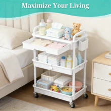 3 Tier Rolling Cart With Drawer, Bathroom Storage Organizer With 2 Lockable Wheels, Multifunctional Rolling Storage Cart For Bathroom, Kitchen, Office, Craft, Makeup, Baby Essentials, White - 白色 - 查看 2