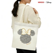 MINISO X Disney Minnie Mouse Heart Mosaic Canvas Tote Bag, Beige Love, Minnie Reusable Shoulder Bag, Minimalist Cartoon Grocery Bag For Travel & Shopping - 1pc - 查看 3