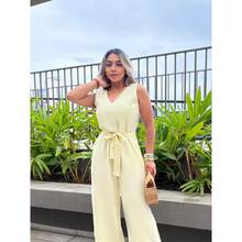 Women's Roman Jumpsuit, Wide Leg, Tie Detail, Elegant, Chic, Simple - Yellow - View 6