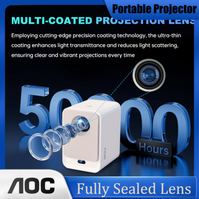 Proyector inteligente de la marca internacional AOC, motor óptico totalmente sellado, 9000 lúmenes, enfoque automático, resolución nativa 1080P con soporte para 4K, pantalla grande de 250 pulgadas, proyección inalámbrica, cine en casa, portátil.