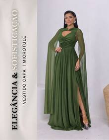 Women's Long Party Dress With Slit, Cape Sleeves, Gathered Bust And Brooch, Solid Color, Elegant, For New Year's Eve, Wedding, Bridesmaid, Graduation. - 橄欖綠 - 查看 2