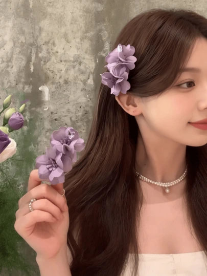 2pcs Women's Elegant Purple Rhinestone Hair Clips, Beach Vacation Style Hair Accessories Alligator Hair Clips For Side Bangs, Soft Fabric Spring/Summer Vibe Hair Decor