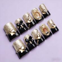 Mia Nails 10 PCS Handmade Flare Duck Bill Press-On Nails, Vintage Luxury Black & Gold Acrylic Nails With 3D Portrait Frame, Black Bow & Heart Gem Embellishments, Reusable Fake Nails For Women Teen Girls, Perfect For Date Night Formal Event Party Vintage Gathering - Nhiều màu - Xem 3