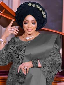1pc Royal Blue Satin Braided Gele Turban For Women, Rhinestone Embellished African Headwrap For Wedding & Party Occasions - A - 查看 5