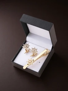 3pcs Men's Fashion Jewelry Set - Gold Laser Checkered Tie Clip & Cufflinks, French Shirt Cufflinks, Business/Formal Wear, Wedding, Groomsmen, Nautical Vintage Design Copper Alloy Cufflinks & Tie Clip Set, Gift Box - Three Piece Set - View 2