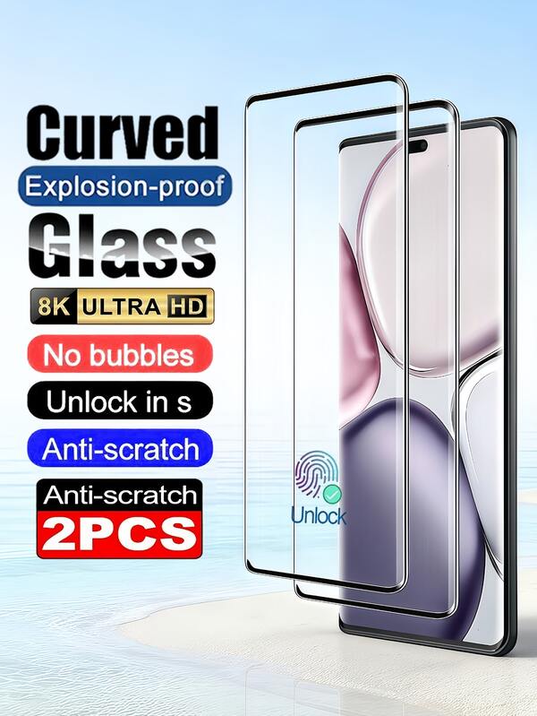 2pcs Ultra HD 3D Curved Tempered Glass Films With 9H Hardness Mobile Phone Screen Protectors Compatible With Redmi Note 15 14 Pro 13 Pro+Honor 90 100 200 300 400 Magic 7/6/5 Lite Pro X9A X9B X9C Explosion-Proof And Scratch Resistant, Supporting Fingerprint Recognition Protective Film