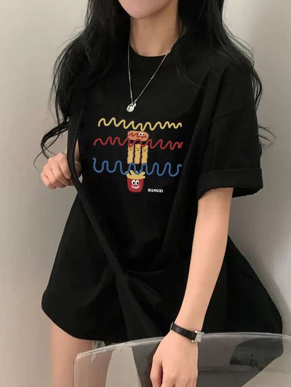 Women's Black Knit Crew Neck Short Sleeve T-Shirt With Funny Fast Food Graphic Print, Regular Length, Slightly Stretchy