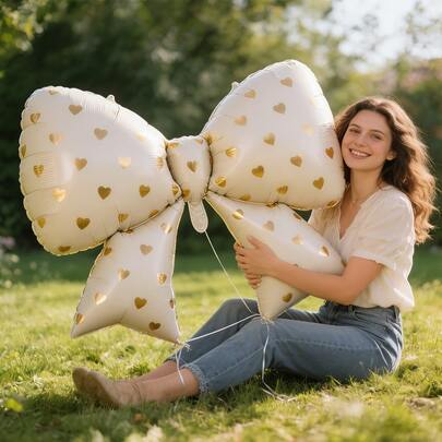 2pcs 38-Inch Extra Large Cream Bow & Golden Heart Print Foil Balloons, Wedding Decoration, Valentine's Day, Birthday, Mother's Day, Single Party, Home Decor