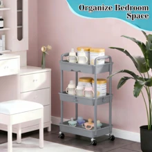 3 Tier Rolling Cart With Drawer, Bathroom Storage Organizer With 2 Lockable Wheels, Multifunctional Rolling Storage Cart For Bathroom, Kitchen, Office, Craft, Makeup, Baby Essentials, White - 灰色的 - 查看 7