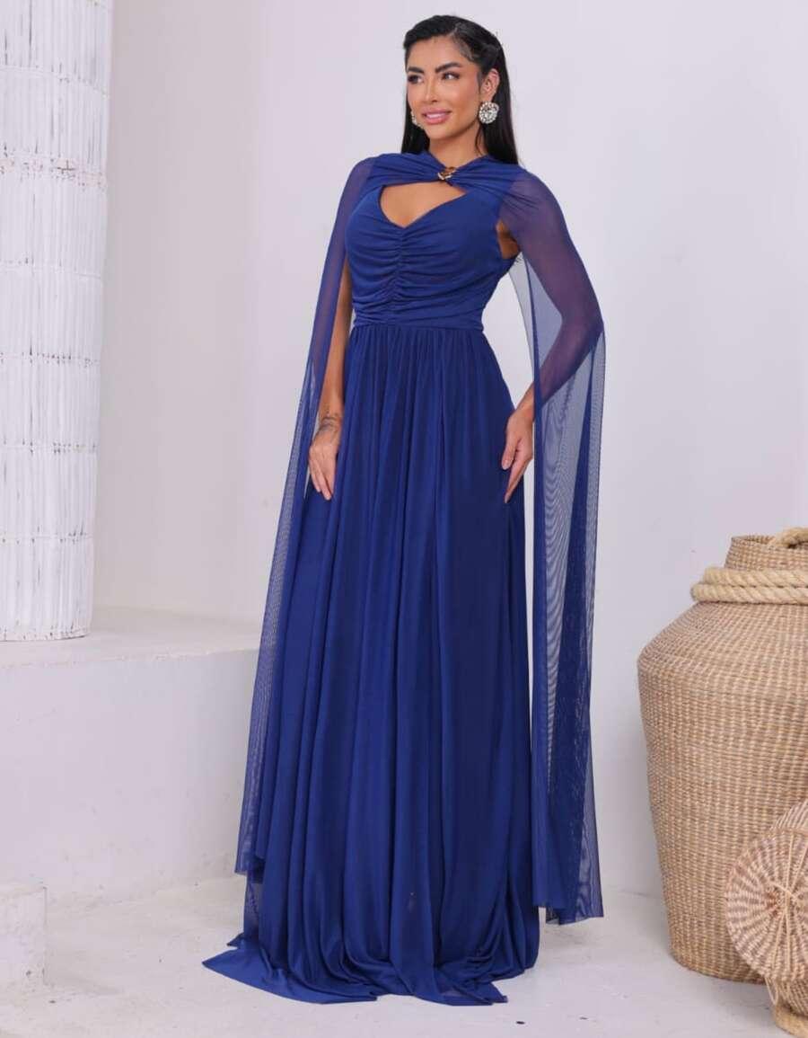 Women's Long Party Dress With Slit, Cape Sleeves, Gathered Bust And Brooch, Solid Color, Elegant, For New Year's Eve, Wedding, Bridesmaid, Graduation. - 藏蓝色 - 查看 1