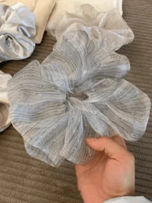 1pc Starry Sky Mesh Rhinestone Scrunchie, Fashionable Oversized Hair Accessory, Atmosphere-Enhancing For Spring/Summer Travel Accessories - Light Grey - View 6