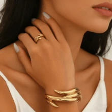 2pcs Vintage Geometric Line Design Bracelet And Ring Set, Suitable For Women's Daily And Party Matching - Multicolor - View 3