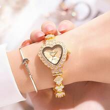 1件装女士心形水钻金色钢带休闲学生石英腕表，韩版 - 均碼 - 查看 4
