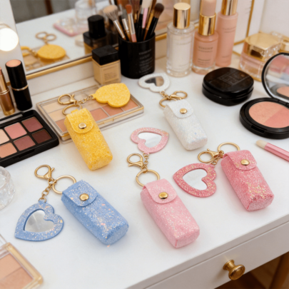 亮片唇膏盒，单支唇膏收纳袋，便携钥匙扣，INS风唇膏包挂饰，包包配件，带镜子