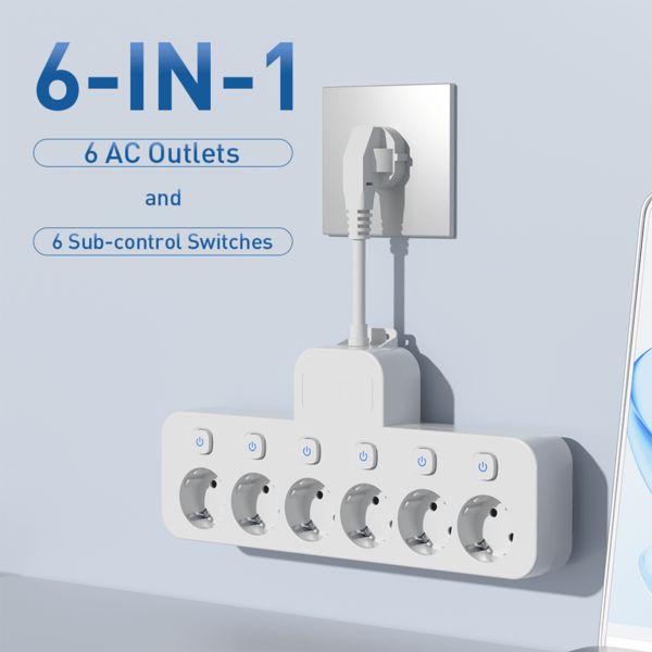 6-In-1 Adapter Plug, Standard EU Converter Plug, 6-Switch Design, Flexible Short Cord, Multi-Outlet Multifunctional Power Strip, Multi-Switch Power Socket, Suitable For Kitchen/Home/Gift/Office