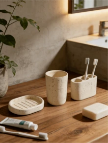 Hộp đựng đồ dùng nhà tắm kiểu Wabi-Sabi màu trắng ngà làm từ nhựa, mang họa tiết lấy cảm hứng từ đá travertine tự nhiên. Chiếc hộp màu trắng kem này có các chi tiết xốp tự nhiên và các cạnh bo tròn mềm mại. - Nhiều màu - Xem 9