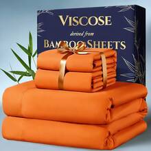 4pcs Bamboo Cooling Bedding - Extra Deep Pocket Breathable And Cooling - Suitable For Hot Sleepers And Sweats, Pillowcases, Flat Sheet And Fitted Sheet - A Perfect Gift For Family, Queen And King Sizes, Next Day Delivery - 橘色 - 查看 8